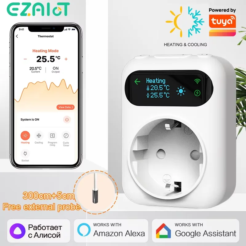 Tuya WIFI Digital Thermostat Steckdose 16A Outlet Stecker Fernbedienung Temperatur Controller Timer Schalter Kühlung Heizung 3M NTC Sensor