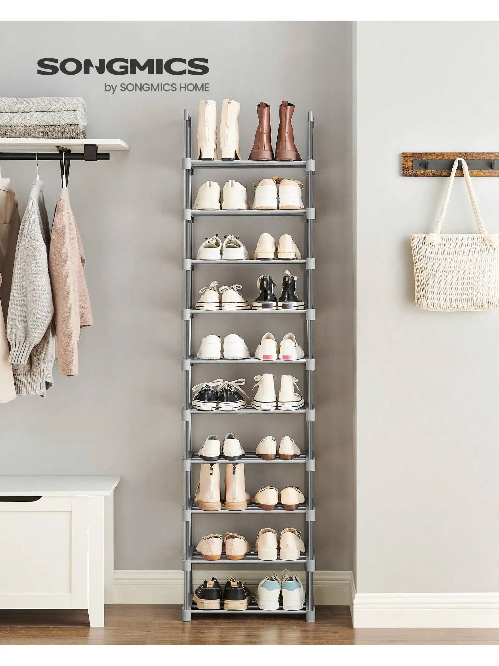 Scarpiera in metallo a 10 livelli SONGMICS. Design personalizzabile, organizer salvaspazio per spogliatoio, corridoio. 30x45x174 cm. Grigio.