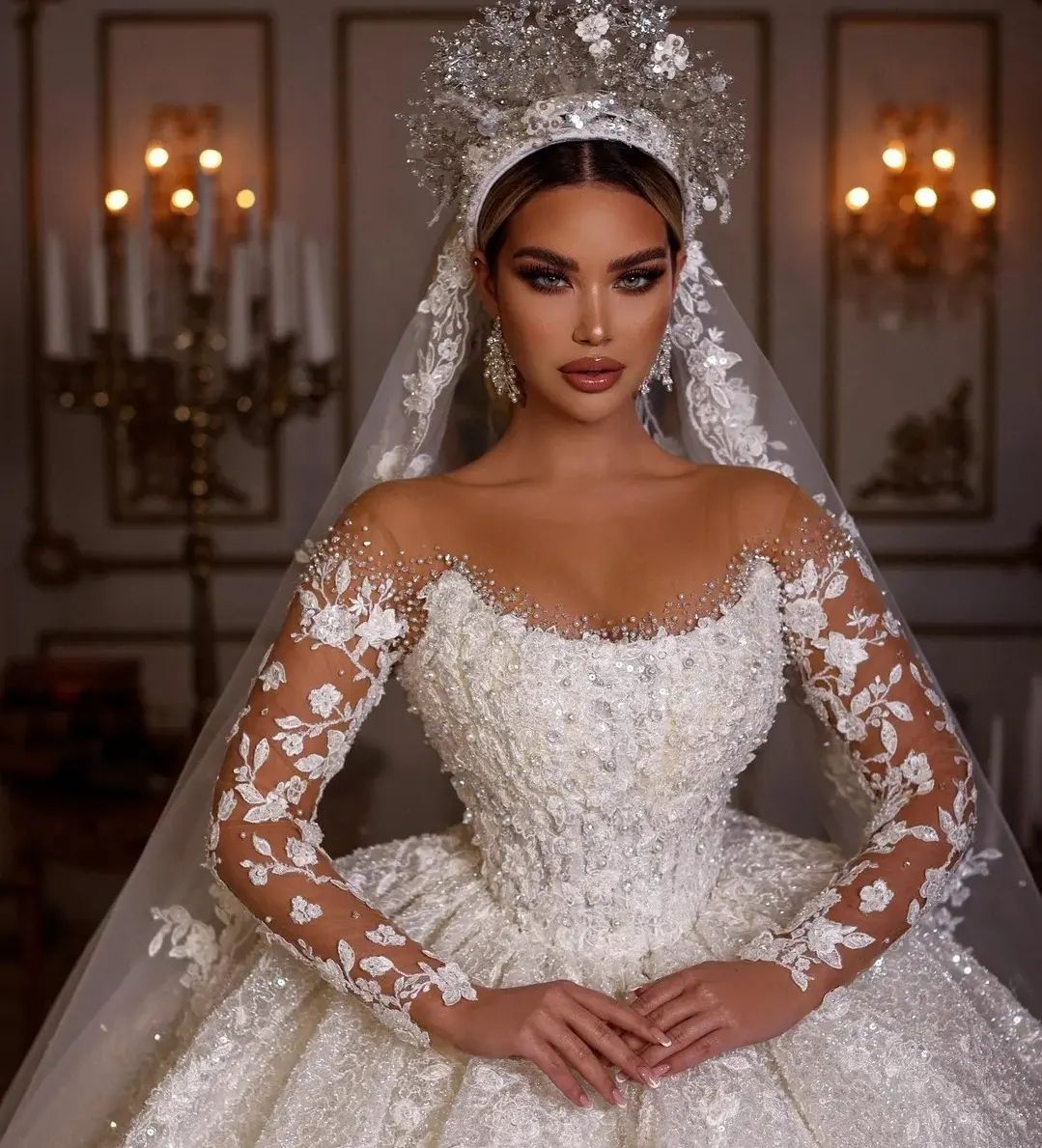 Prinses Trouwjurken Vintage Bruidsjurk Kralen Glanzend Tule Lange Mouwen Gewaad Elegante Luxe Mooie Jurk Aangepast 2025