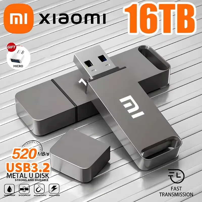 Xiaomi 16TB Flash Drive USB3.2 High Speed File Transfer Metal Type C Flash SSD Portable Large Capacity Waterproof  Drive Memory