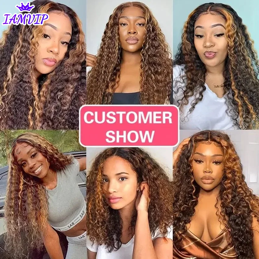 Peruca frontal de onda profunda com destaque, cabelo humano, frente de renda marrom, perucas sem cola, pronto para usar, 13x6 HD