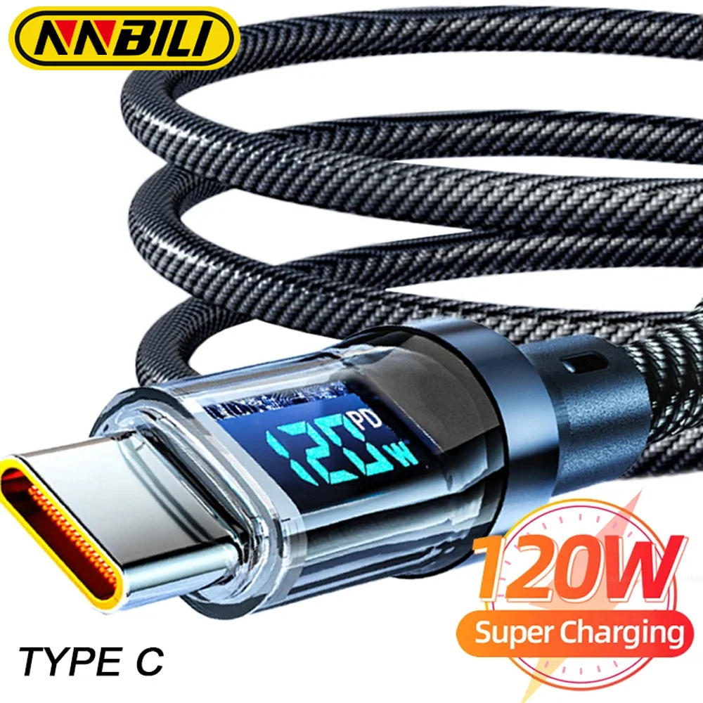 NNBILI Cavo di ricarica super veloce da 120 W Display digitale in tempo reale Cavo dati da USB A a tipo C per telefoni Android iPhone Universale
