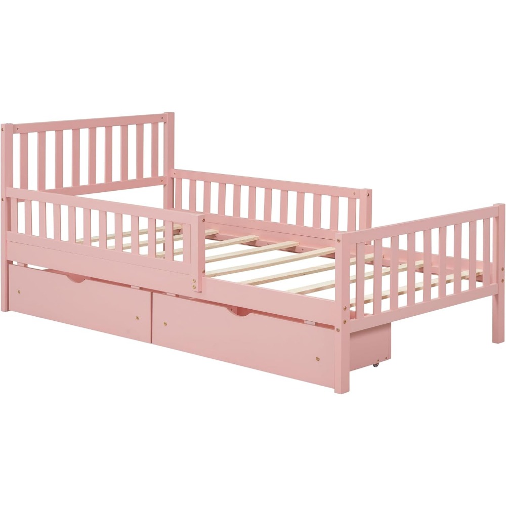Kids Twin Bed with Guardrails, Low Platform Bed with Headboard and Footboard, Pink Children Bed Frame with 2 Drawers for Boy Gir