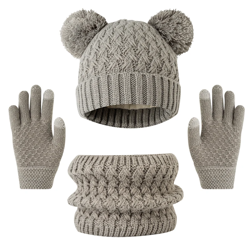 Conjunto de chapéu, cachecol e luva para crianças de 3 a 12 anos, chapéu de inverno engrossado para crianças com boné de malha com padrão colorido de floco de neve