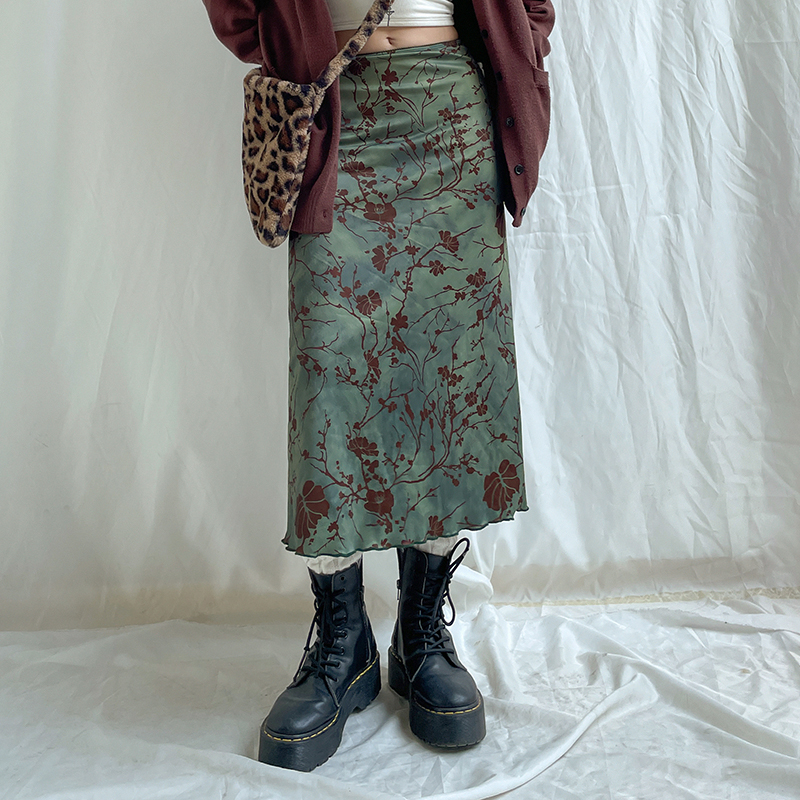 CIBBAR Harajuku Bloemenprint Lange Rok Vintage Laagbouw Rechte Midi Rokken voor Vrouwen Lente Zomer All-Match Rok dames Y2k