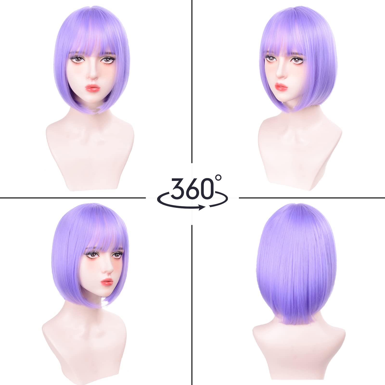 Peluca sintética de peinado bob corto y morado claro para peluca cosplay de fiesta de Halloween, conjunto de peluca de accesorios para el cabello de alta temperatura diario