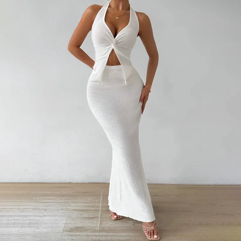 Tuularose Weißer langer Rock, zweiteilig, Sommer, sexy Twist-Schnürweste, Oberteil, enger langer Rock, elegantes 2025, weibliches langes Kleid-Set