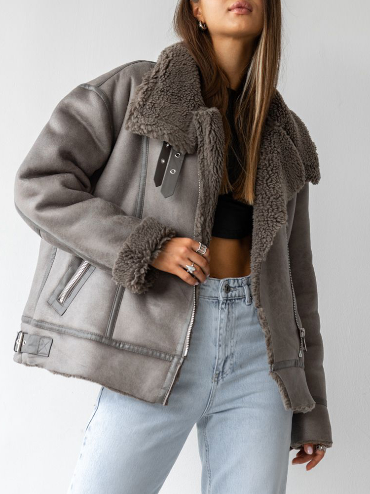 Ailegogo 秋冬女性ルース厚く暖かいフェイクスエードレザーファージャケットストリート女性ヴィンテージスプライシングコートシックな生き抜く