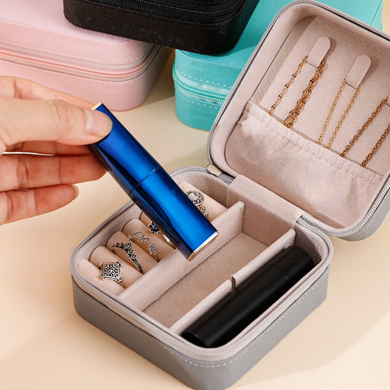 Portable Mini Jewelry Storage Box for Women - PU Leather Organizer Case for Earrings Necklaces Rings - Home Travel Display Case