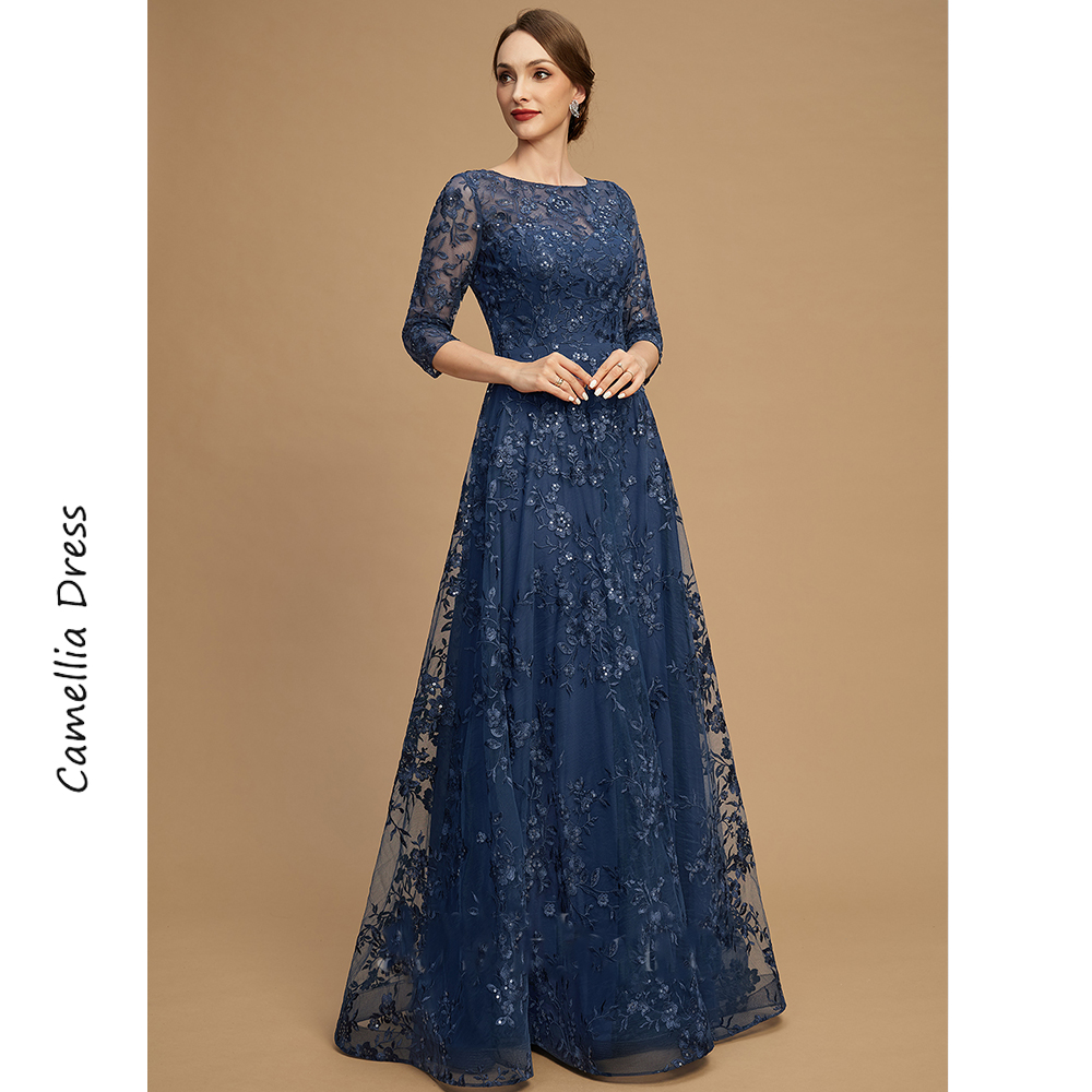 Neue A-Linie Abend Scoop Illusion Kleid elegante und hübsche Frauen kleider Spitze Pailletten Mutter der Braut Kleider Vestido