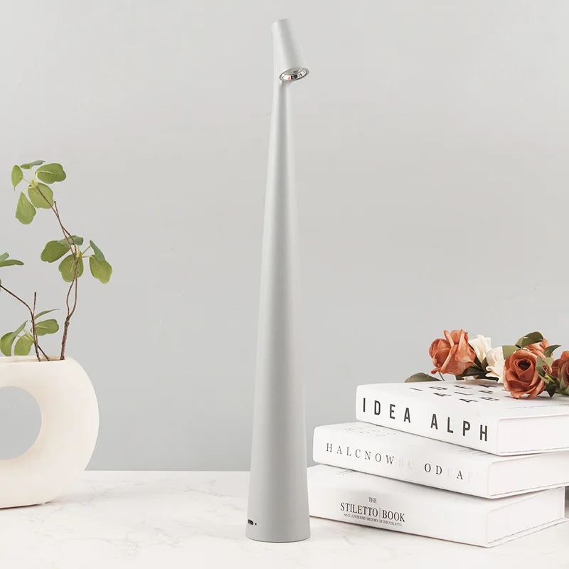 Minimal Cordless LED Light Rechargeable Tricolored Desk Lamp Elegant Slim Conical Stem Unique Portable Dimmable Reading Lamp