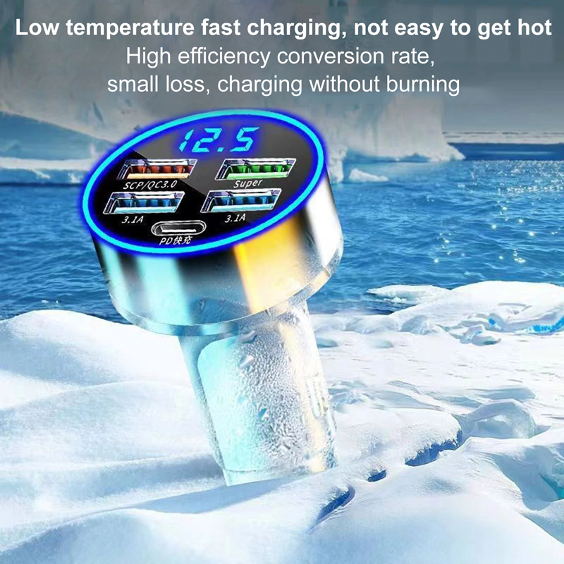250W PD Car Charger QC3.0 Fast Charge 6-in-1 Car Cigarette Lighter Plug 5 Port Car Charger Flash Charge with Digital Display