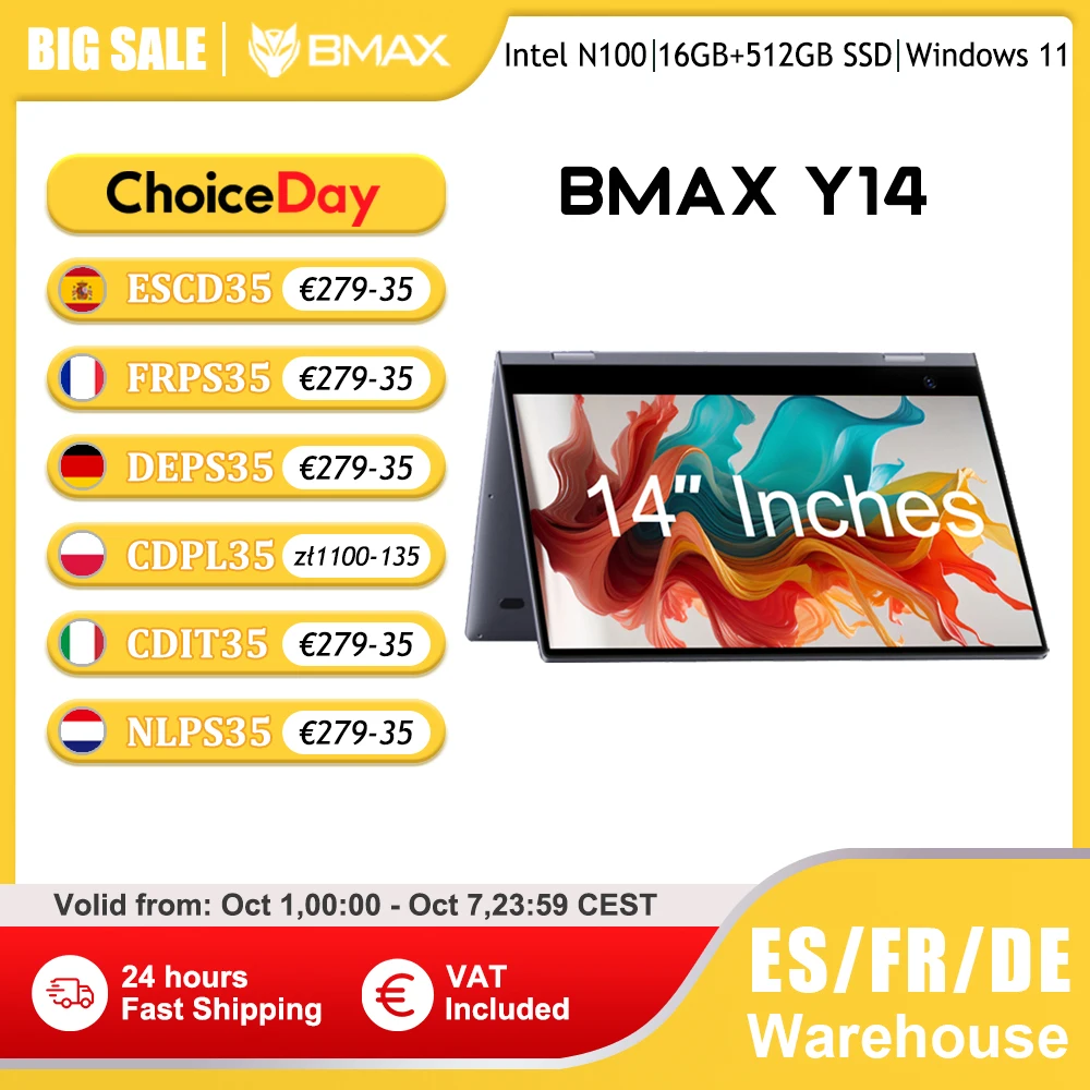BMAX Y14 2025 360 °   Computer portatile Touch Notebook da 14 pollici 16 GB di RAM LPDDR5 512 GB SSD Windows 11 1920 * 1080 IPS Intel N100 Computer portatili