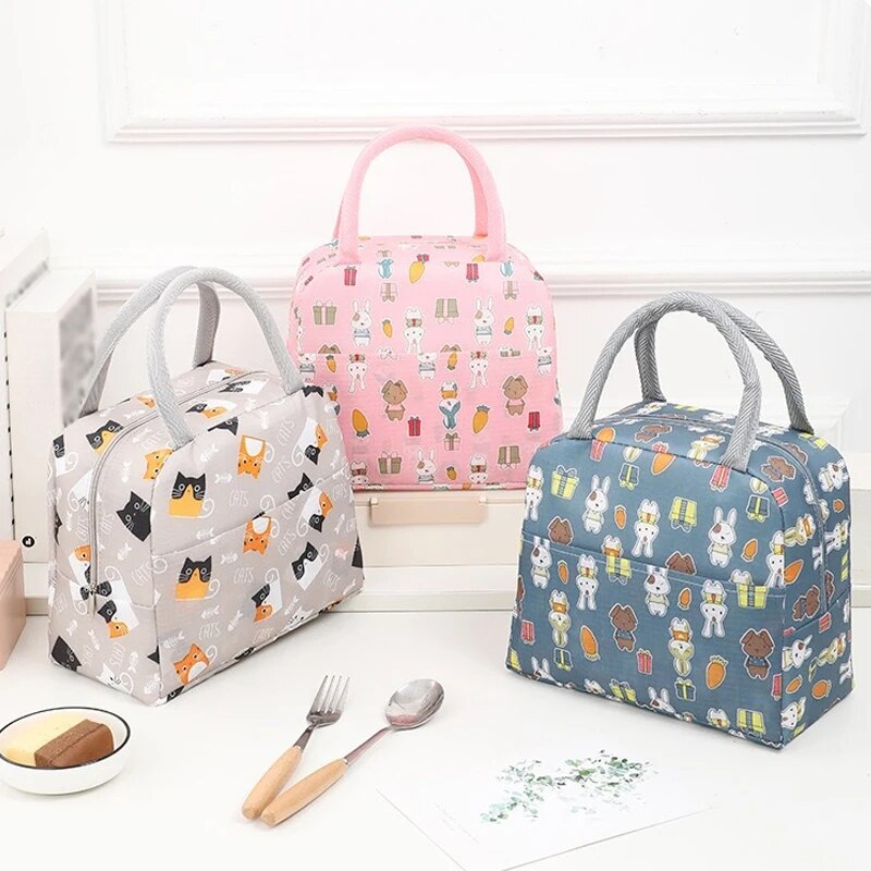 Lancheira portátil Tote dos desenhos animados, Bento Box, Padrão Animal, Isolado Food Bag, Piquenique Bag, Bonito