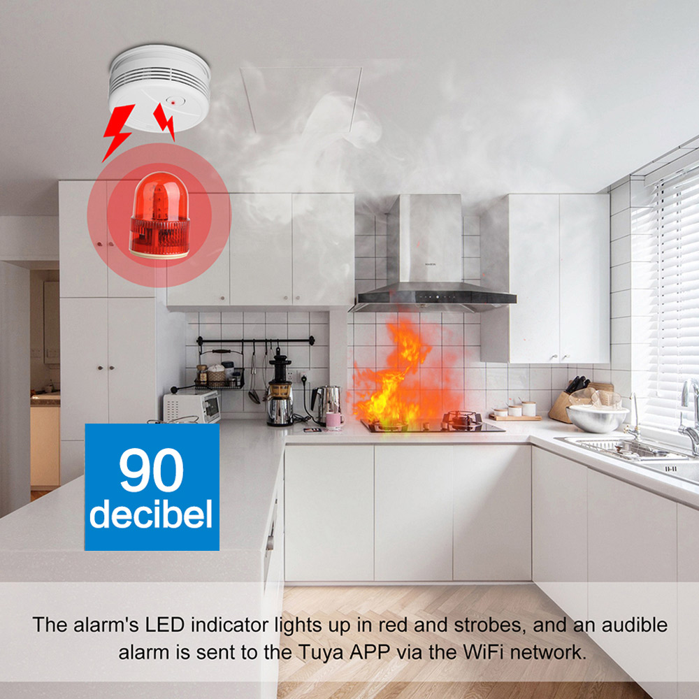 Tuya-Detector de humo inteligente Wifi, protección contra incendios, alarma de seguridad para el hogar, luz de sonido, sistema de seguridad para el hogar, Control por aplicación