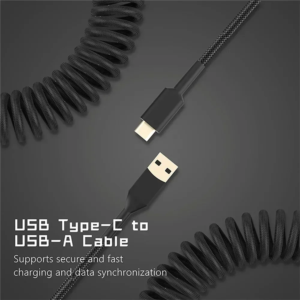 Cabo enrolado de teclado mecânico, porta USB tipo C, cabo de enrolamento de aviador para jogos e computadores desktop