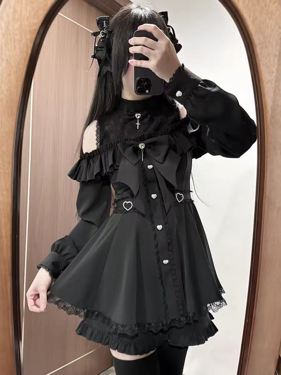 Harajuku Zoete Boog Zwarte Plaid Jurken All-Match Slim Fit Kawaii Lolita Jurk voor Vrouwen Herfst Nieuwe Lange Mouw vestidos De Mujer