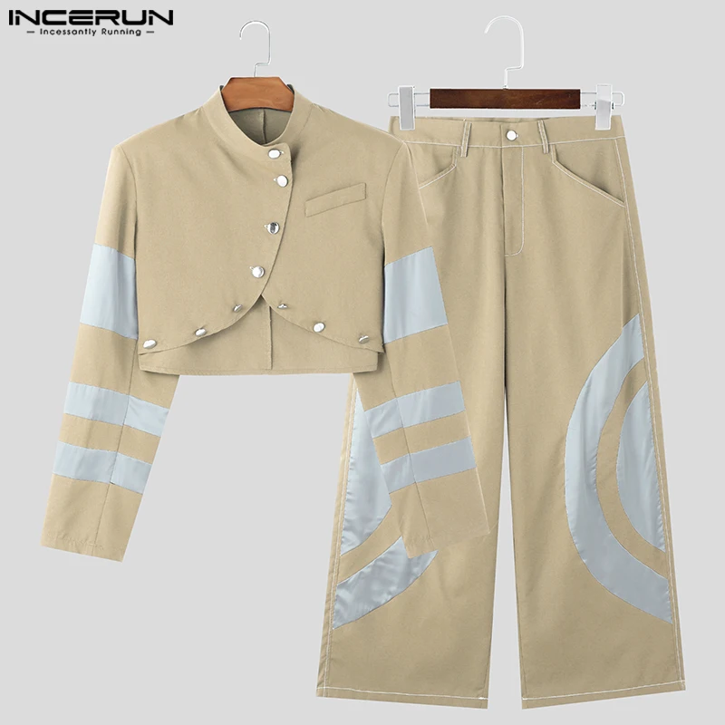 INCERUN 2024 Hübsche Herren-Sets, stilvoll, Spleißen, Farbkontrast, kurze Arc-Swing-Jacken, Hosen, lässige Persönlichkeit, zweiteilige Sets