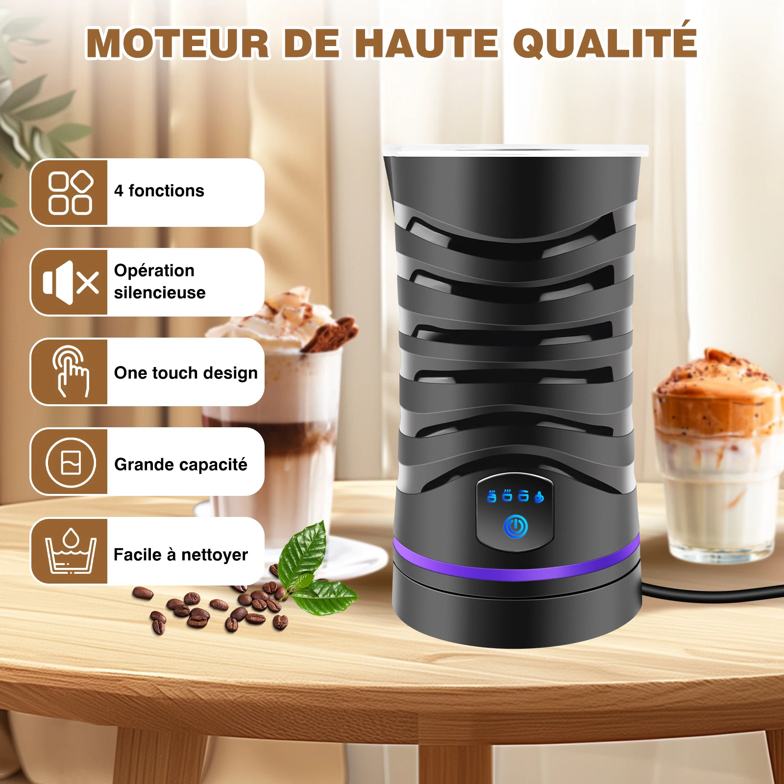 DayPlus 4 en 1 1500W électrique entièrement automatique lait mousseur, machine à mousser à vapeur, 600ml latte café chaud et froid mousseur Crème de lait, vaporisateur de lait, chauffe - lait et réchauffeur