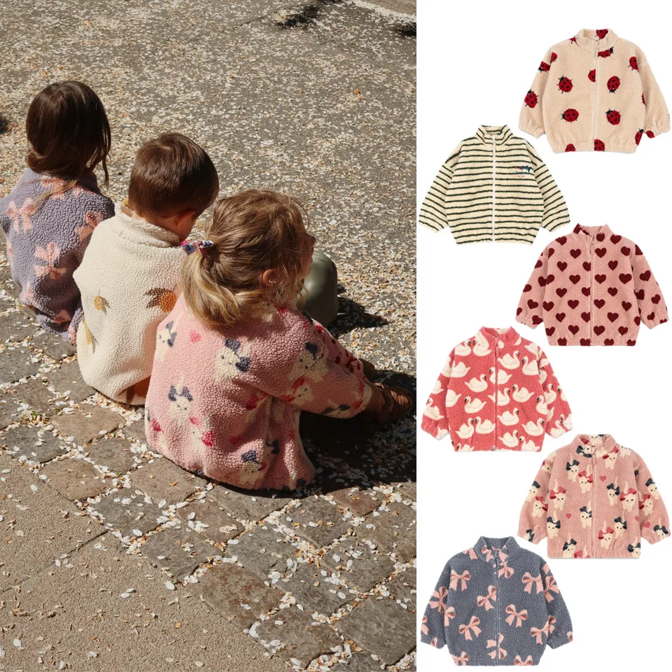 2025 KS Brand Winter Baby Girls Lambswool Jackets Kids Clothes Girls Cartoon Kitten Swan Beetle Outerwear Boys Striped Coat 1-9Y