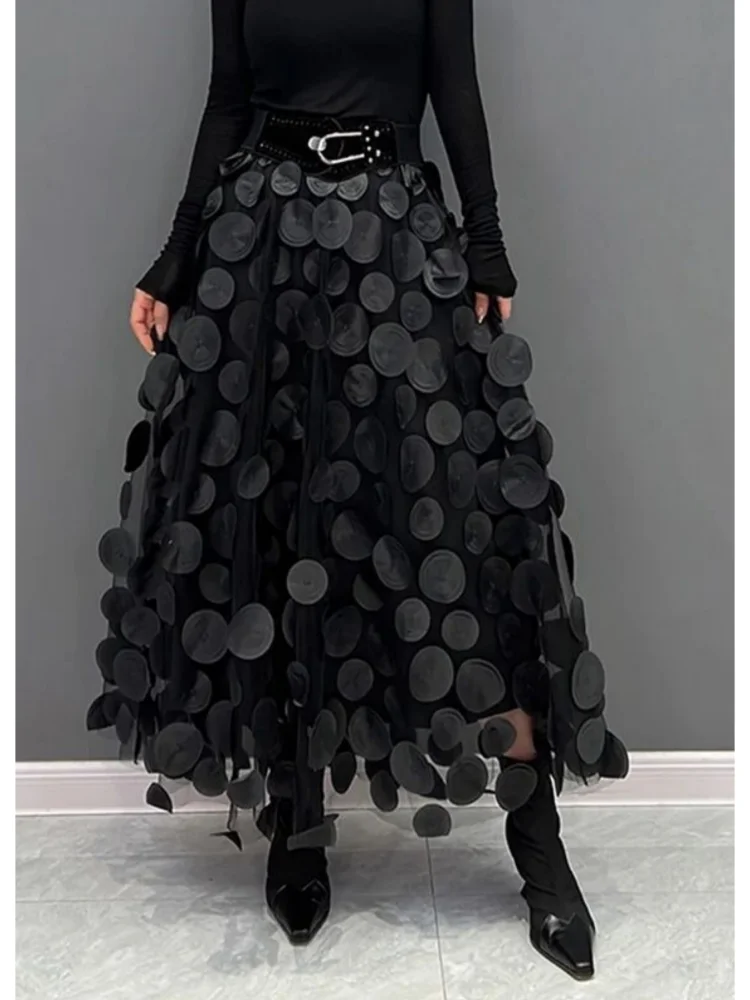 Gonna da donna in rete di tulle con design 3D a pois Gonna tutu lunga a trapezio con elastico in vita vintage