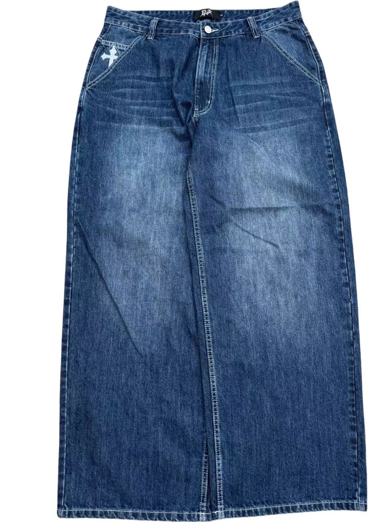 Europäische und amerikanische Vintage-Waschung machen alte Jeans Männer Y2k Street Fashion Tasche Kreuz Stickerei weite Beinhosen Punk Trendhosen