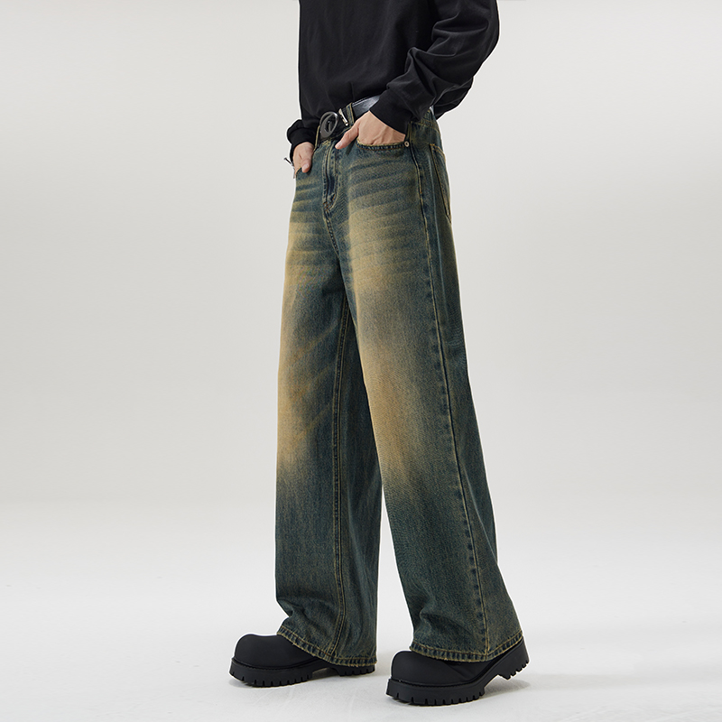 Vintage Distressed Herren Baggy Straight Jeans Frühling Herbst Koreanische High Street Schnurrbart Effekt Denim Hosen Streetwear Hosen