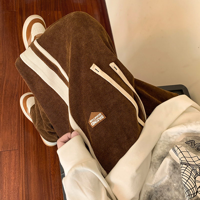 Calças de veludo listradas laterais masculinas outono 2024 novo baggy streetwear calças retas y2k vintage casual ginásio pantalones hombre