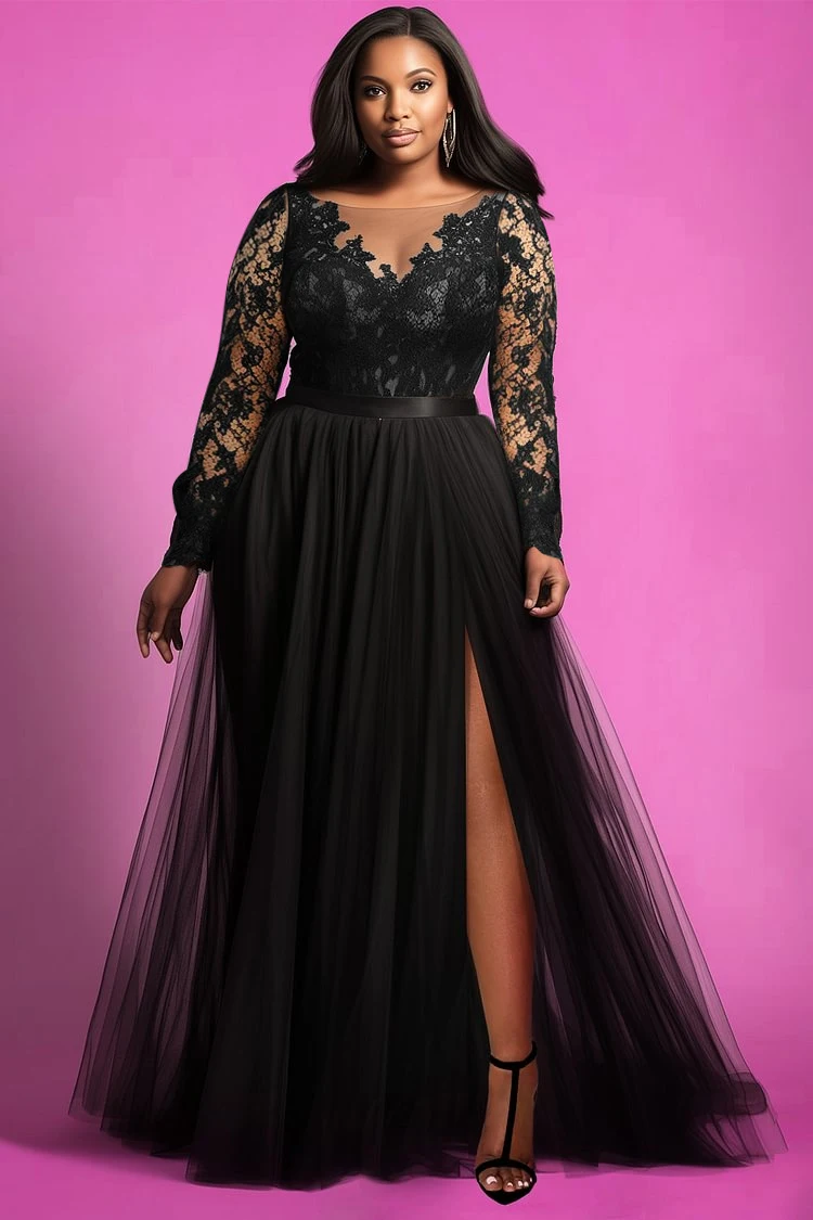 Damen-Kleid in Übergröße, Spitze, durchsichtig, Netzstoff, geteilter Saum, hohe Taille, elegantes Hochzeitsgast-Langarmkleid mit V-Ausschnitt, Abend-Maxikleid