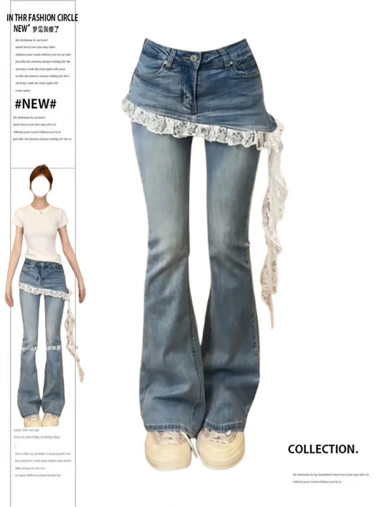 Frauen Koreanische Dünne Design Spitze Patchwork Harajuku Y2K Denim Flare Hosen 2000s Kpop Bell-Bottom Lange Hosen Gyaru Abi Jean neue