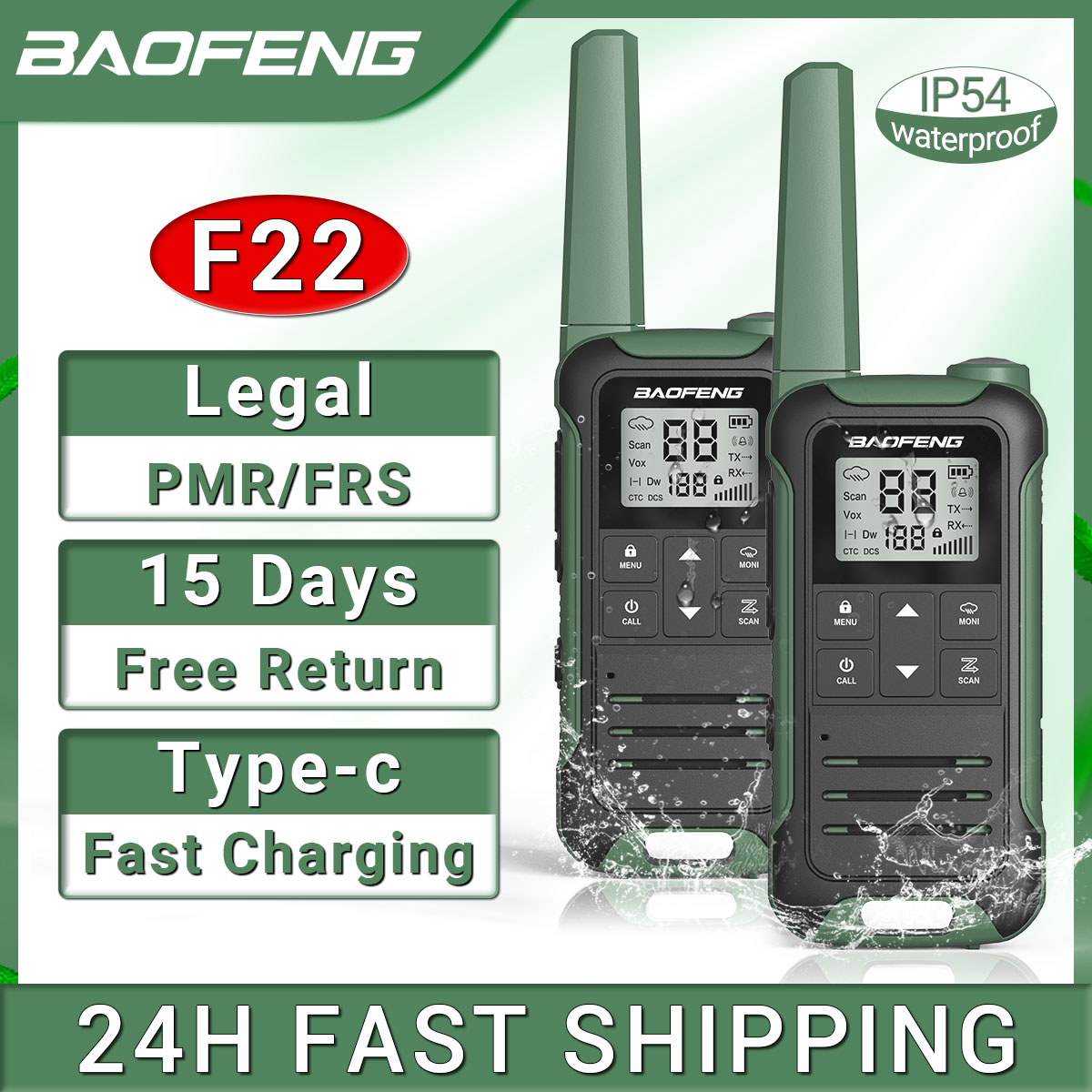 วิทยุสื่อสารสองทาง Baofeng PMR446 F22 2ชิ้นเครื่องชาร์จแบบ Type-C แบบพกพาไม่มีใบอนุญาตวิทยุสื่อสารแบบพกพา