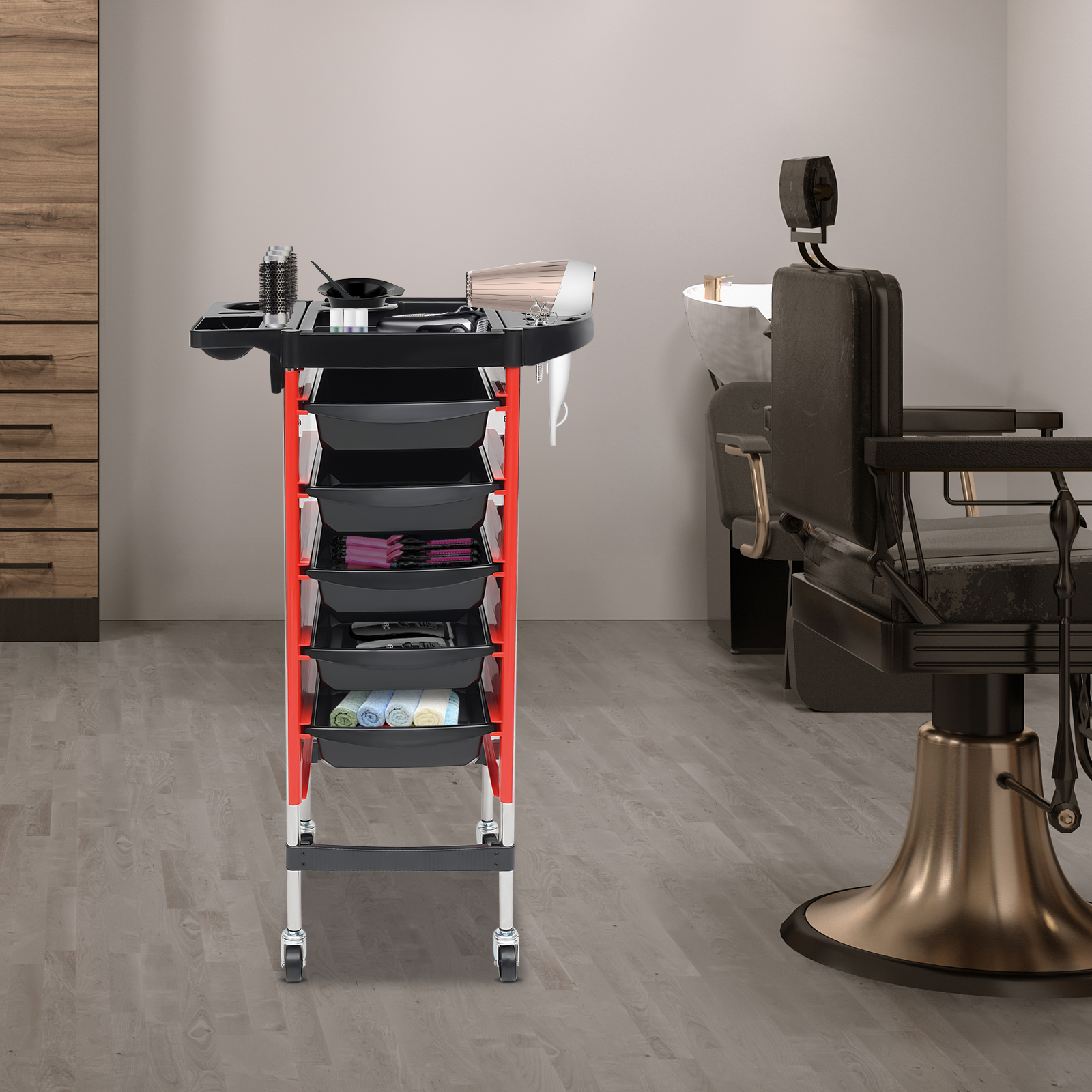 Salontrolley met wielen, 5 lades, haarwagen, rollende opbergorganisator, kappersstation, salonwagen voor kapper rood