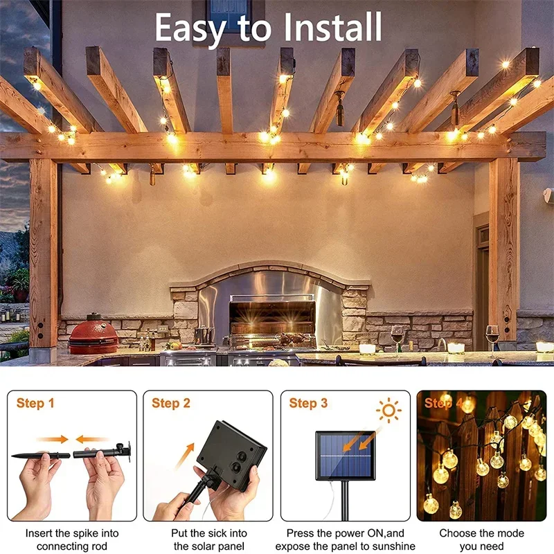 Solar String Lights Outdoor  Led Crystal Globe Lights with 8 Modes Waterproof Solar Patio Light for Garden Party Camping Light