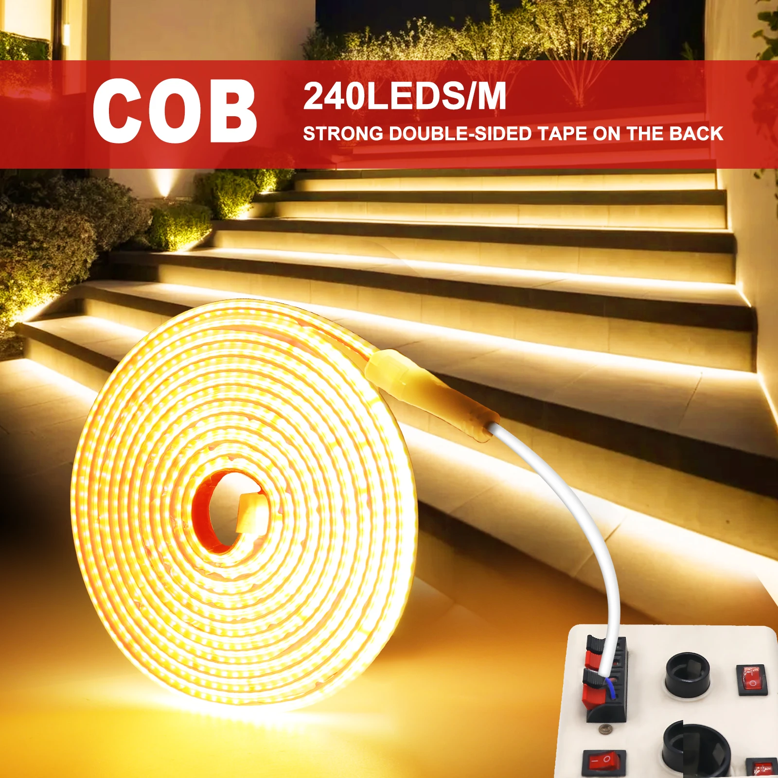 AC 220 V COB Strip 240 Leds/M IP65 Waterdicht 3000 K 4000 K 6000 K Flexibele Lint Touw LED Licht 10 CM Cut Zelfklevende Diode Tape