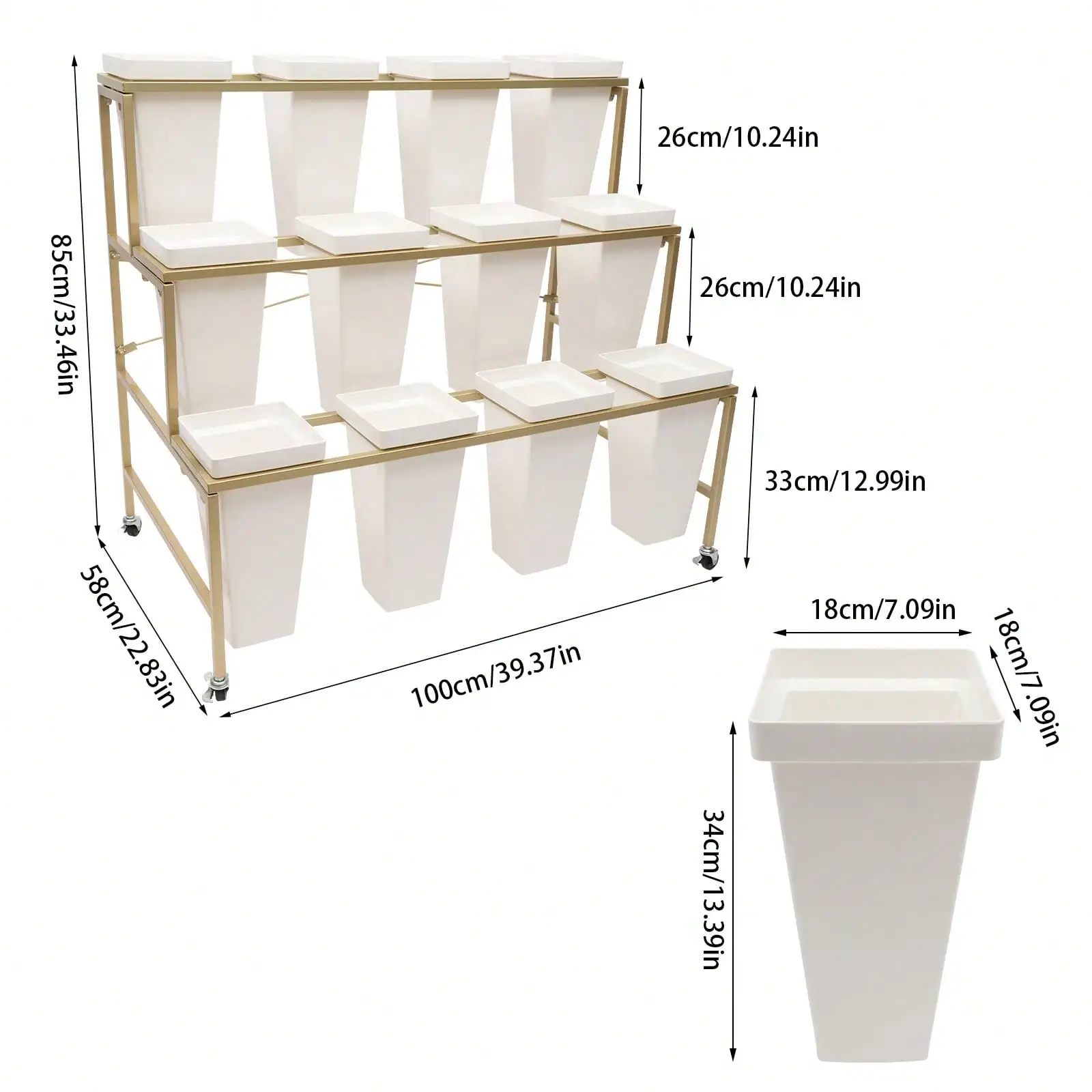 Gold  Three Layer Flower Shop Flower Display Rack Gold One Layer With Four White Square Buckets (12 Small Buckets+Rack)