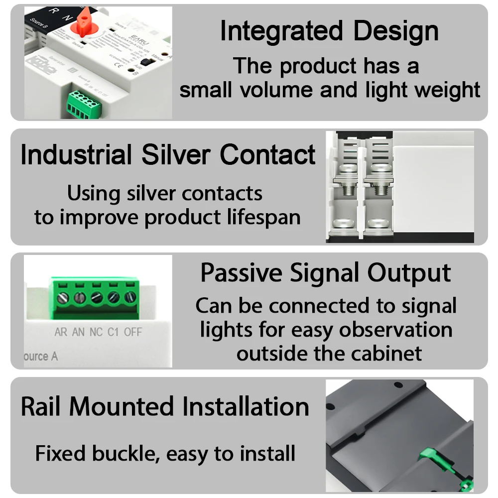 Din Rail ATS PV 2P 4P 125A AC 230V 110V Dual Power Automatic Transfer Switch Electrical Selector Switches Uninterrupted Power