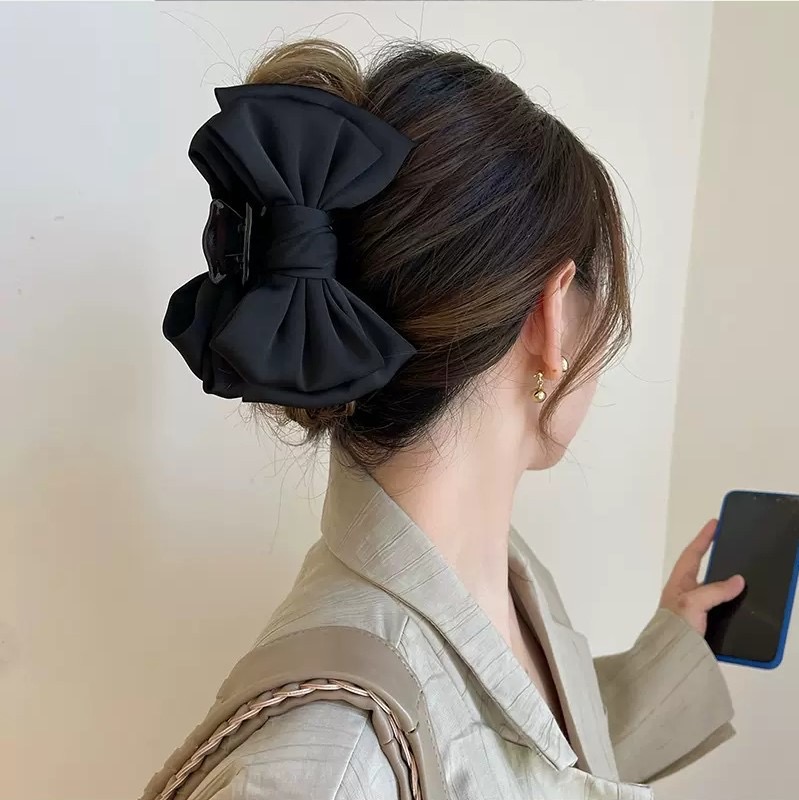 Mulheres elegantes arco garra de cabelo clipes dupla face grande cetim tubarão garra de cabelo sólido bowknot grampos de cabelo presilhas acessórios para o cabelo