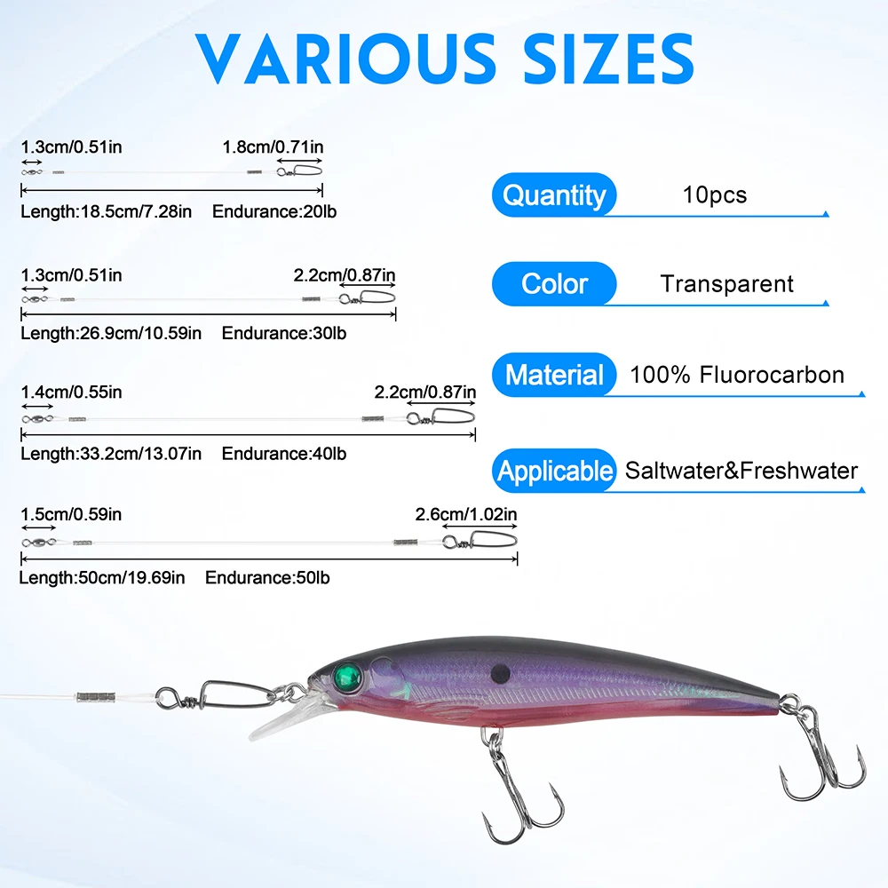 10 Uds. Líderes de pesca de fluorocaron 20LB-50LB línea líder de alambre de fluorocarbono con giratorios y broches conectar aparejos señuelos aparejo o anzuelo