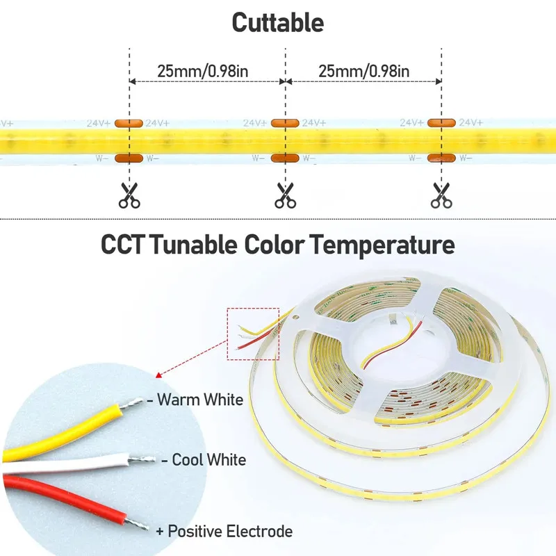 12V 24V DC CCT COB LED Strip Light 2700K-6500K RA90 Dimmable Flexible Dual Color Changing LED Tape Linear Ribbon 5mm 8mm 10mm