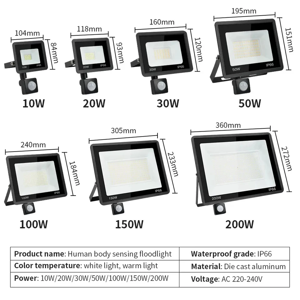 Proiettore con sensore di movimento PIR a LED Lampada da parete per esterni Luce bianca 50W 20W IP66 Faretto a LED impermeabile per giardino