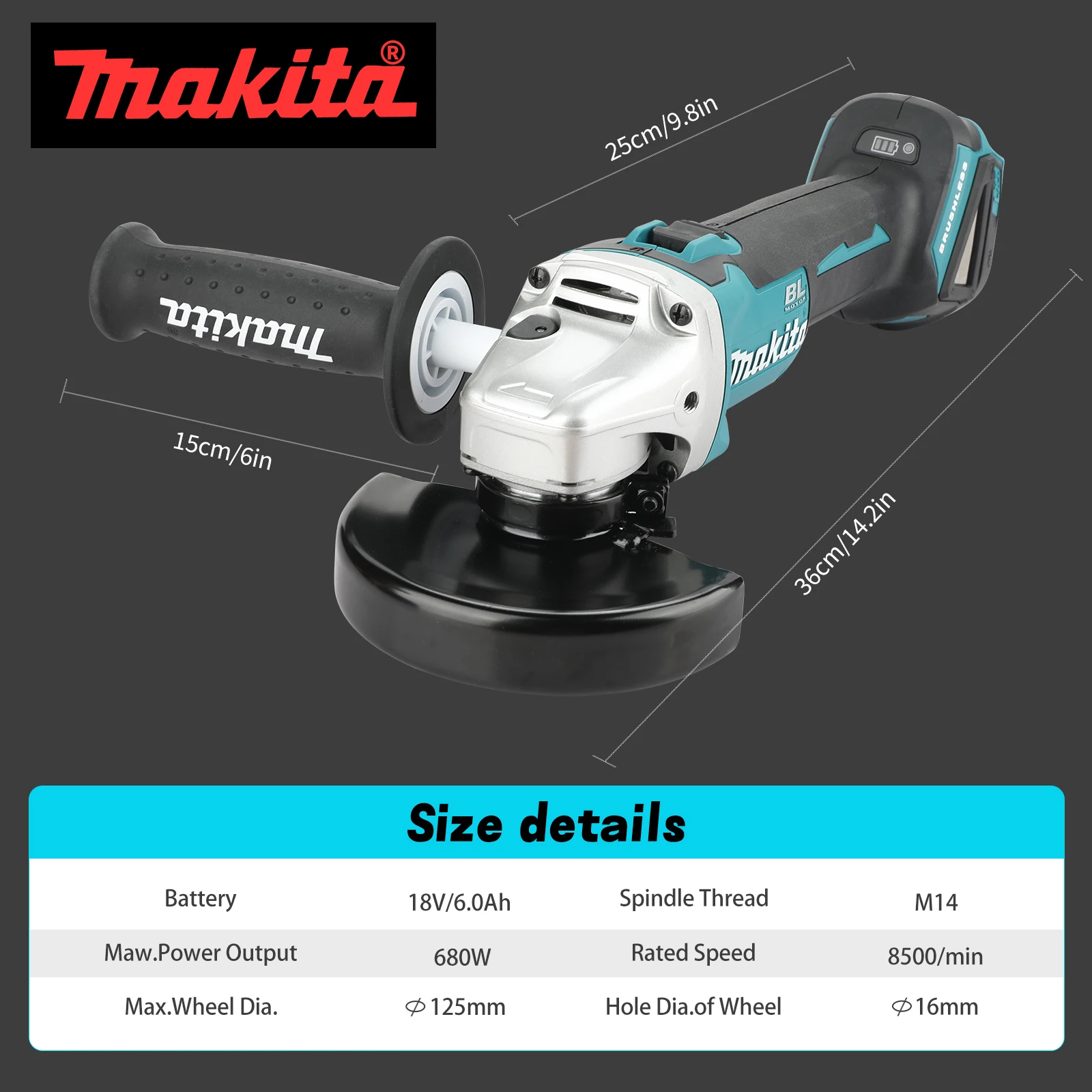 Makita 18v novo moedor sem fio dga504 roda de 125mm, 6.0ah Li-4-1/2 ”/5" corte/moedor de ângulo, para moagem de metal e corte de madeira