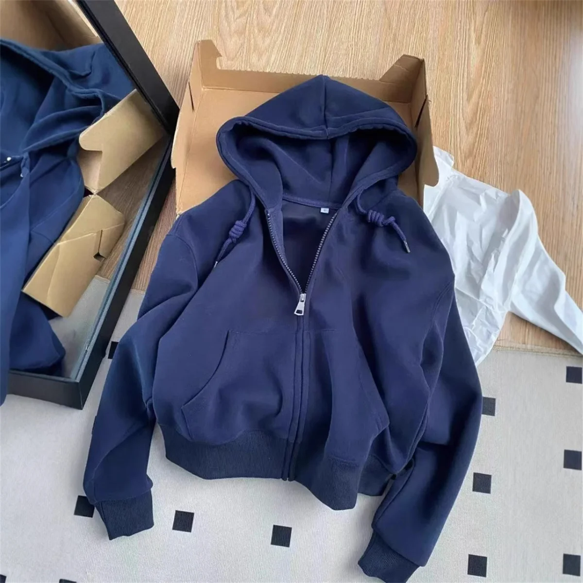 Início do outono chique casual jaquetas com capuz fino ajuste manga longa recortada superior zip-up quente cardigan estilo coreano moletom com capuz