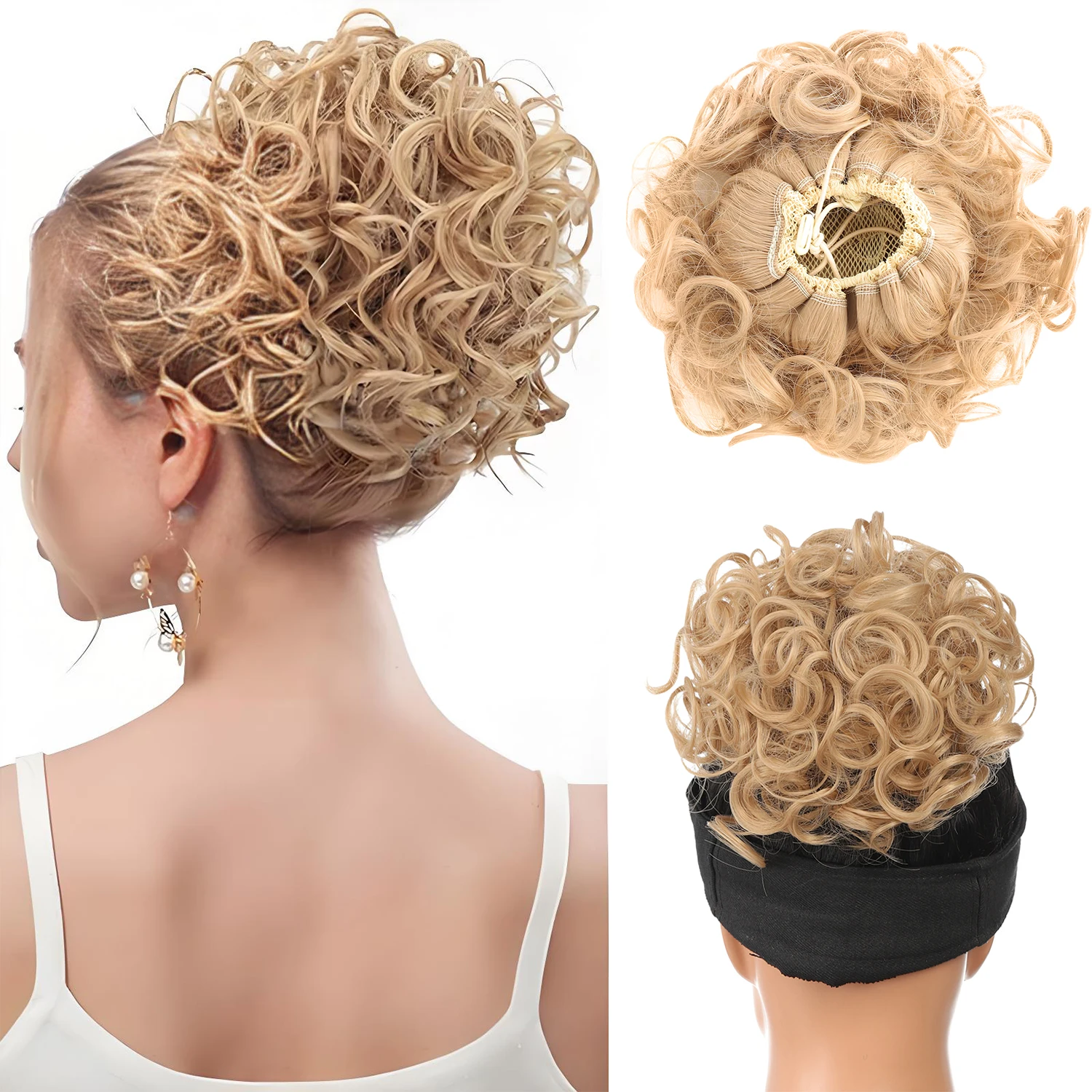 Estensione coda di cavallo corta riccia per chignon disordinato in fibra sintetica - Pezzi di chignon per capelli sciolti con coulisse elastica per donne con capelli diradati