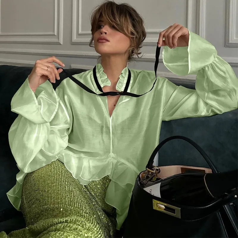 Talenzaเซ็กซี่หลวมสีขาวสตรีเสื้อ 2024 แฟชั่นRuffleคอยาวแขนยาวElegantดูผ่านTopเสื้อผ้าหญิง