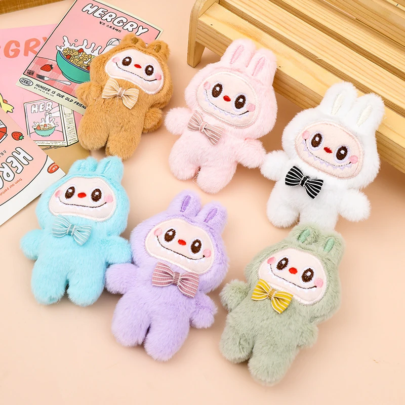 만화 Labubu 플러시 장난감 인형 키 체인 Kawaii 애니메이션 펜던트 열쇠 고리 귀여운 어린이 소녀 생일 선물 배낭 교수형