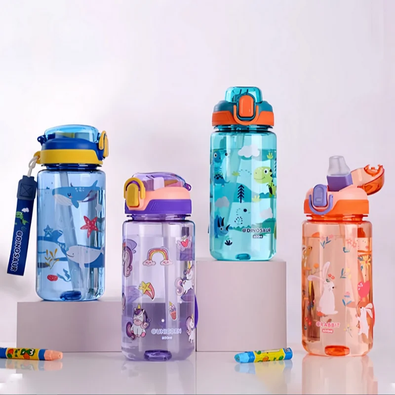 600ml Dinosaurus Waterfles Voor Kinderen Water Sippy Cup Met Siliconen Stro Lekvrij Plastic Waterflessen Zomer Kids Water cup