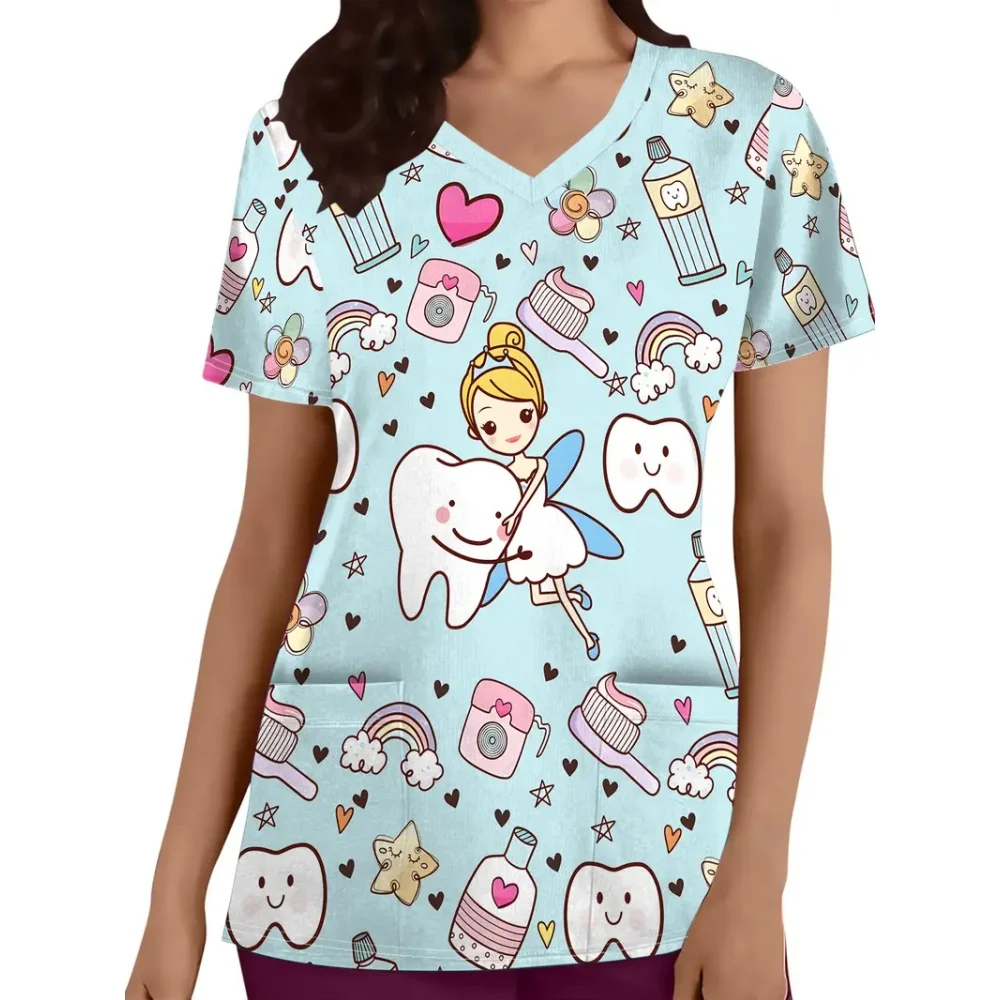 Klinische Uniform Frau Zahn Cartoon Print Mikroelastische V-ausschnitt Dental frauen Peeling Mode Kurzarm Tops Chirurgische Uniformen