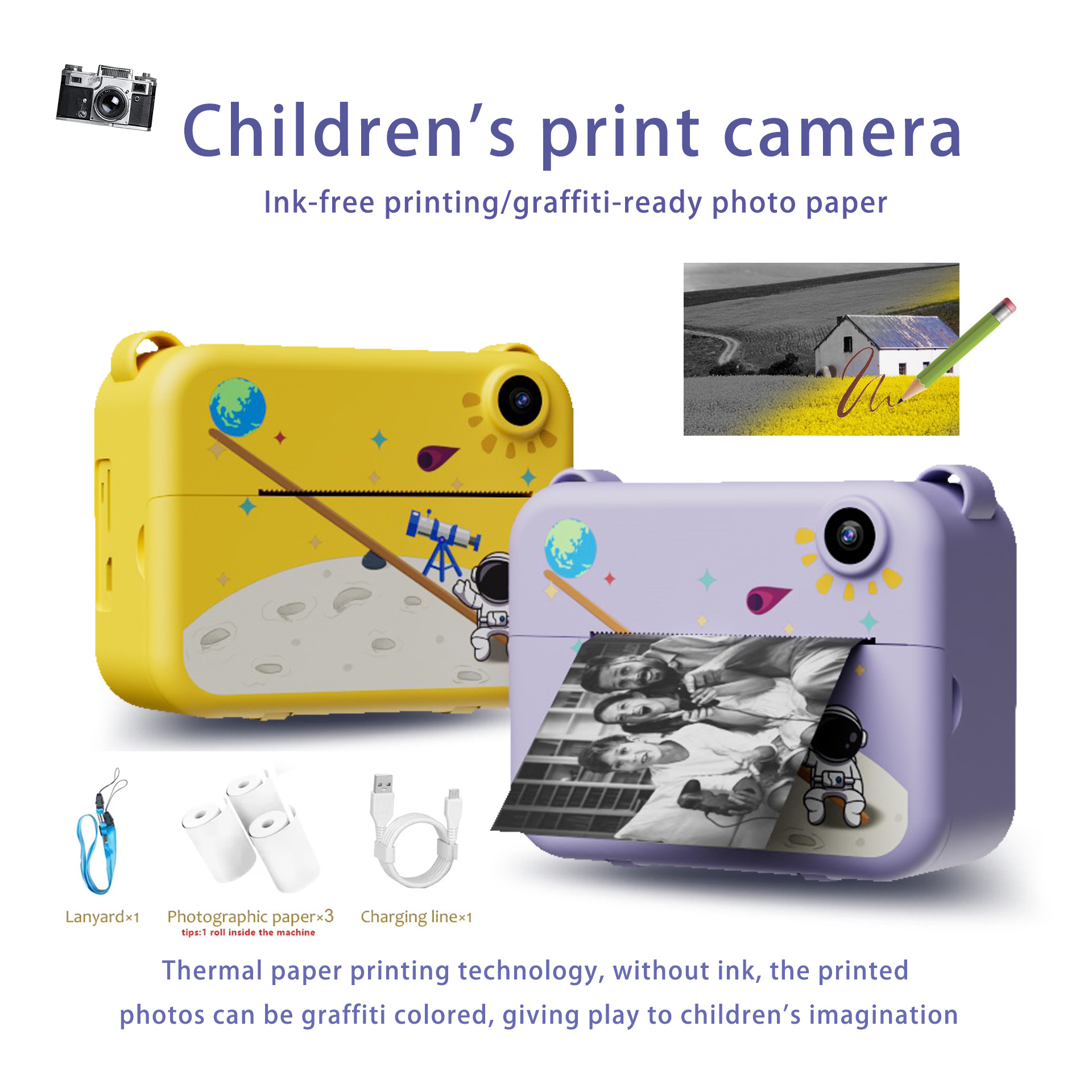 Appareil photo instantané pour enfants avec 3 rouleaux de papier thermique, puzzle et jeux | Réunions de famille | Cadeaux de Noël et d'anniversaire pour enfants de 3 ans et plus