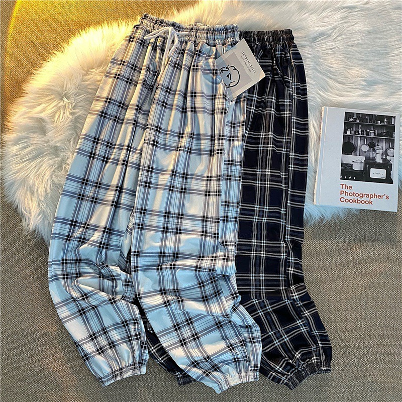 Pants Women New Bunch of Feet Fashion Loose Black Plaid Summer Harajuku Students Streetwear Harem Long Trousers Womens Chic