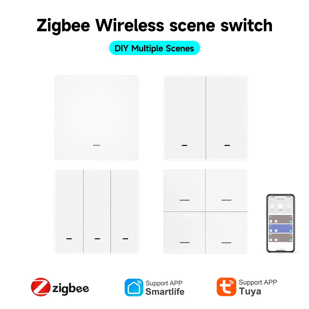 Умный переключатель сцен Tuya ZigBee 3,0, беспроводная бесплатная наклейка, настенный переключатель сцен, кнопочный передатчик с питанием от батареи Alexa